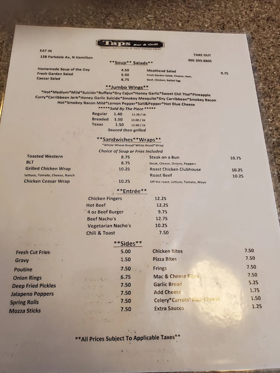 Menu, Taps Bar & Grill