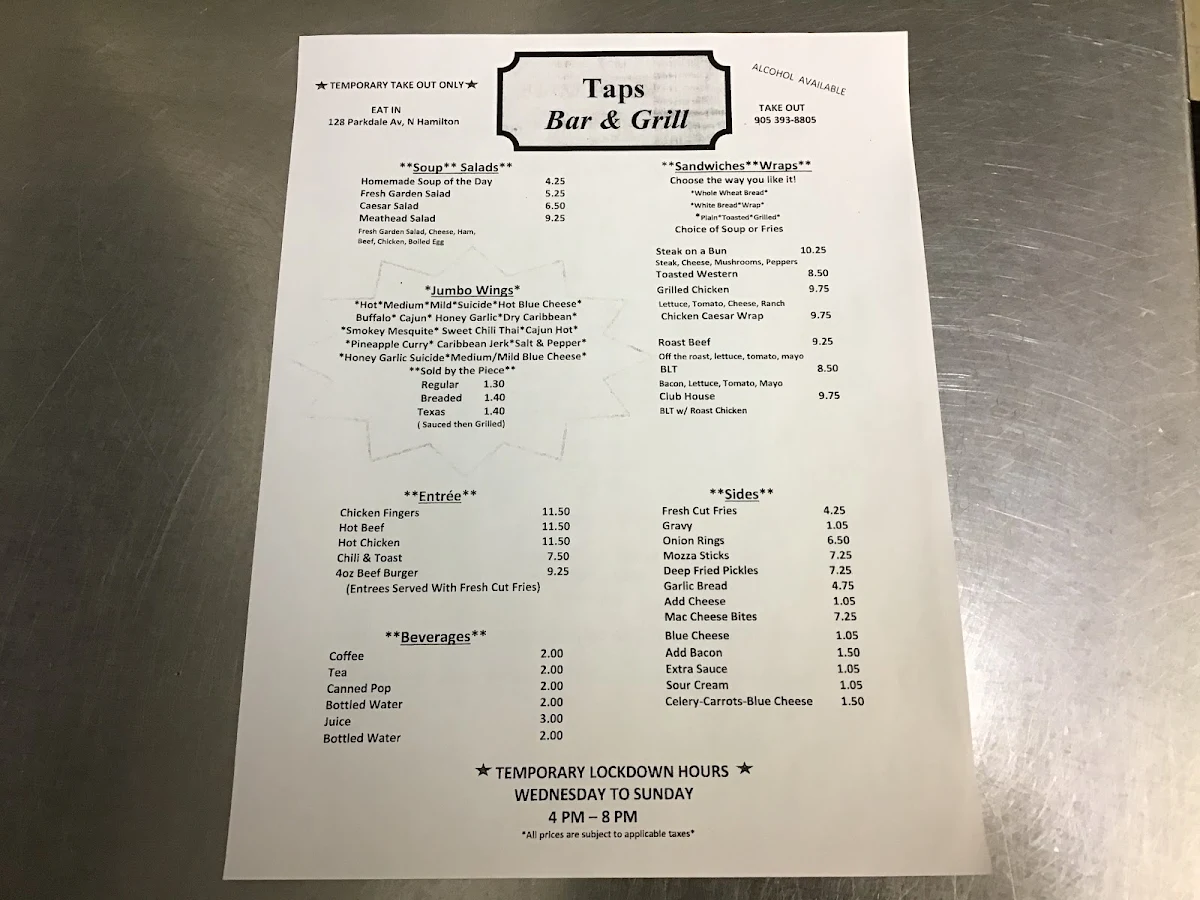 Menu, Taps Bar & Grill