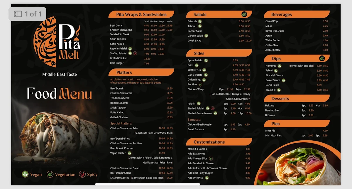 Menu, Pita Melt Restaurant - Shawarma & Grill