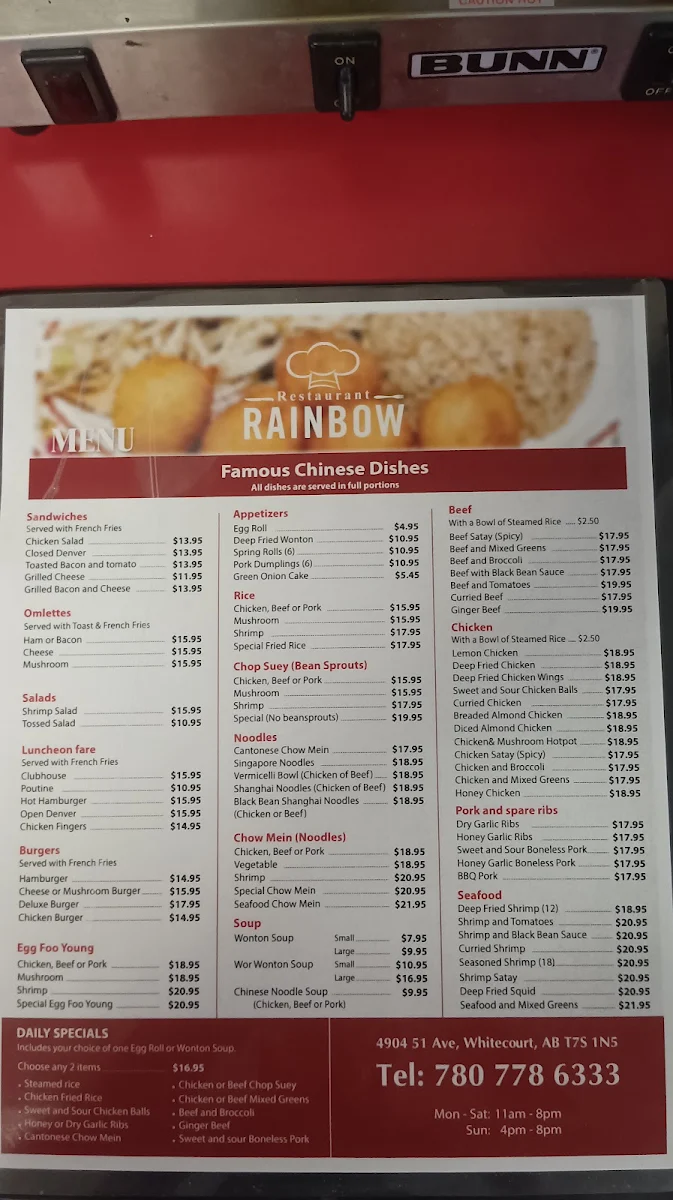 Menu, Rainbow Restaurant