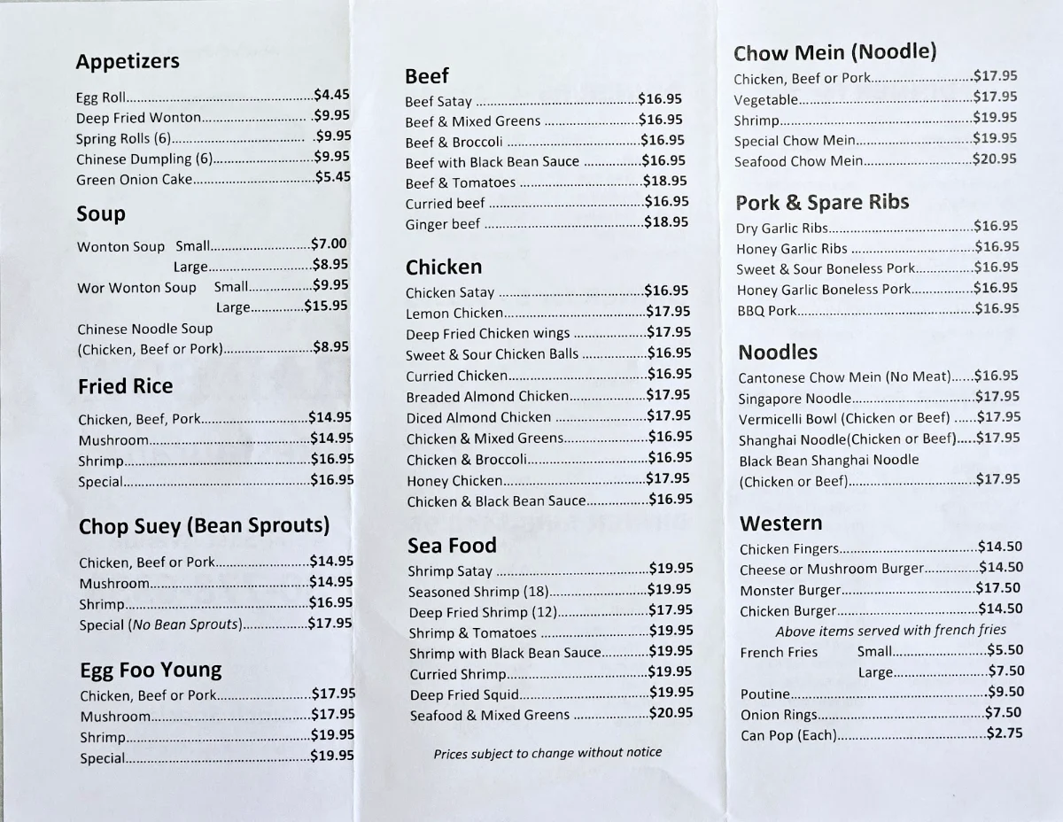 Menu, Rainbow Restaurant