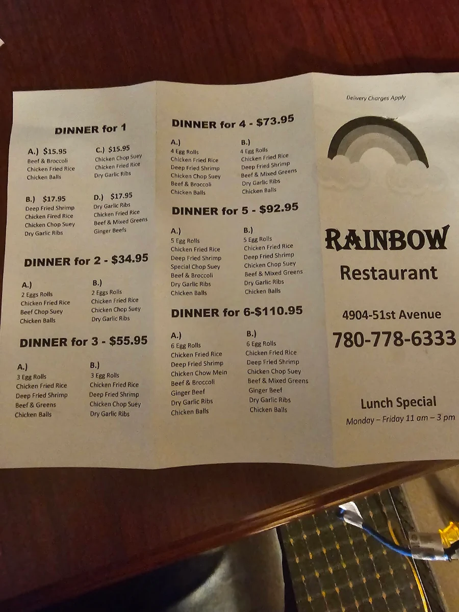 Menu, Rainbow Restaurant