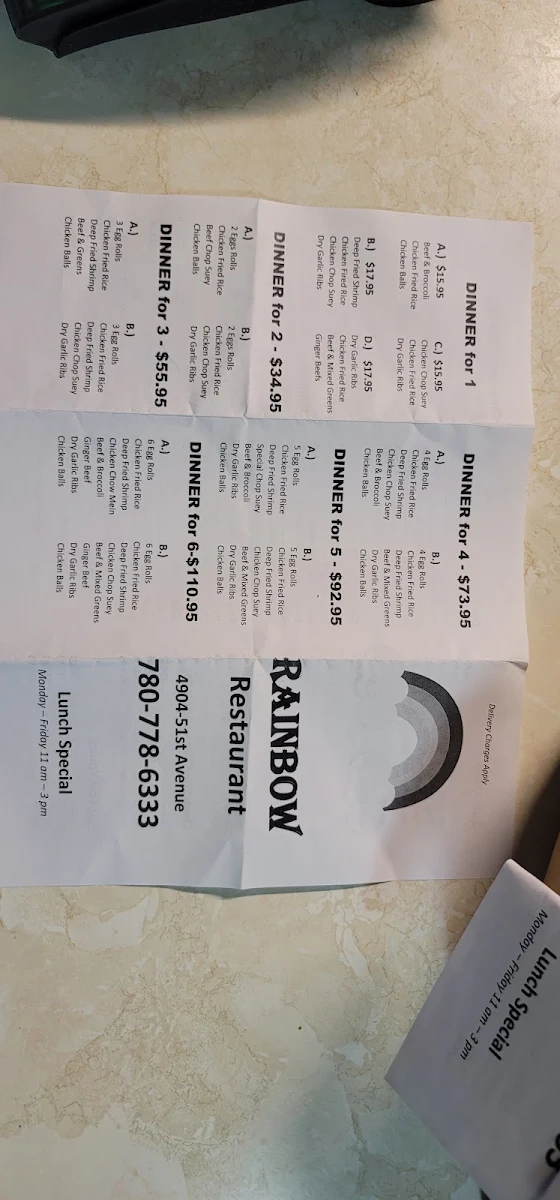 Menu, Rainbow Restaurant