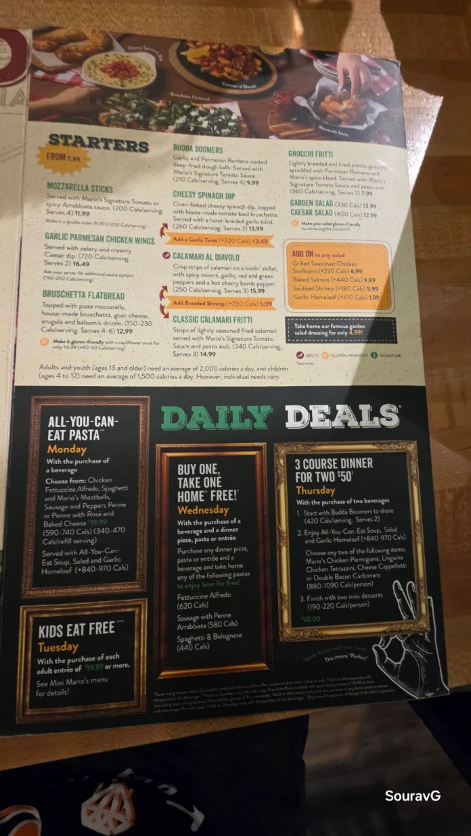 Menu, East Side Mario's