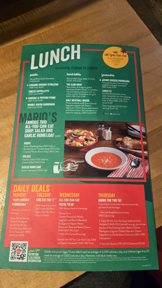 Menu, East Side Mario's