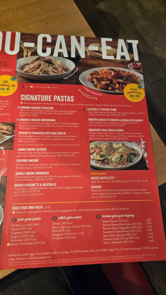 Menu, East Side Mario's