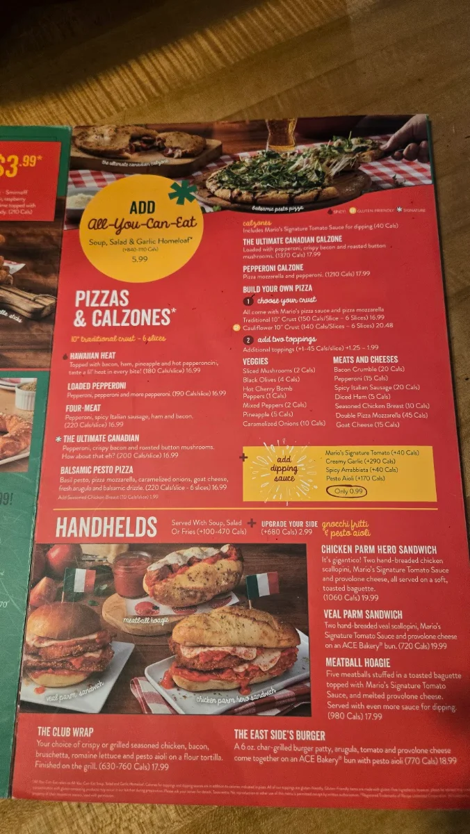 Menu, East Side Mario's