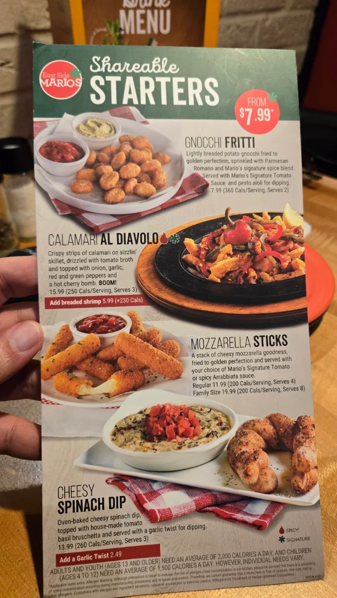 Menu, East Side Mario's