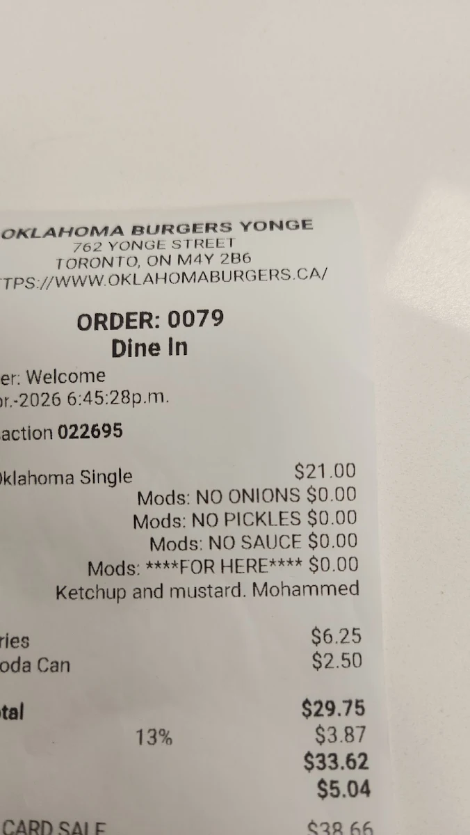 Menu, Oklahoma Burgers - Spadina