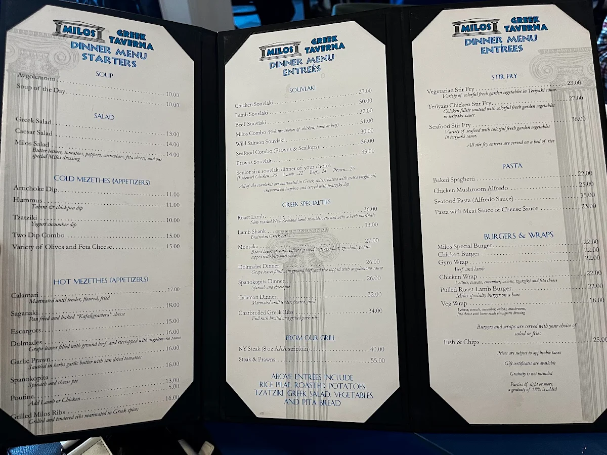 Menu, Milos Greek Taverna