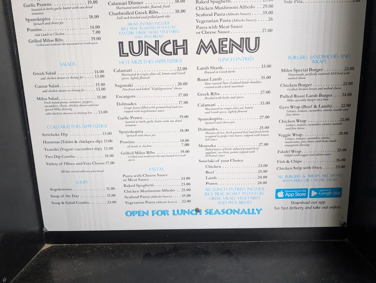 Menu, Milos Greek Taverna