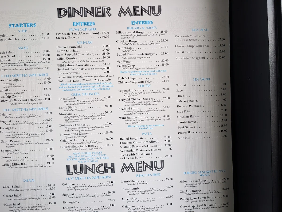 Menu, Milos Greek Taverna