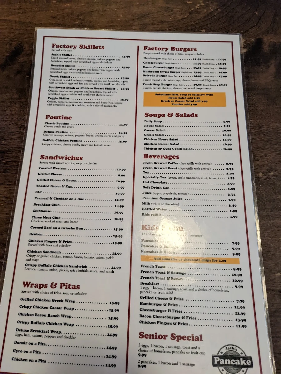 Menu, Jack's Pancake Factory