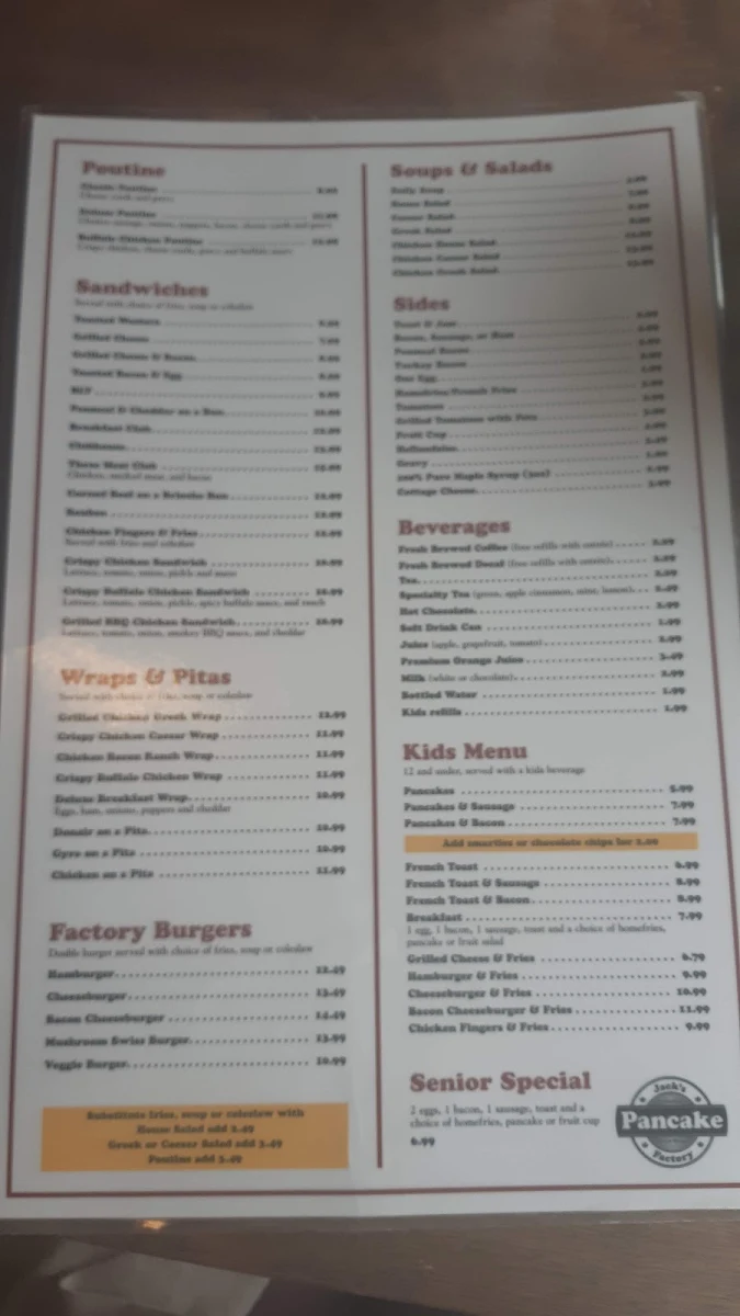 Menu, Jack's Pancake Factory