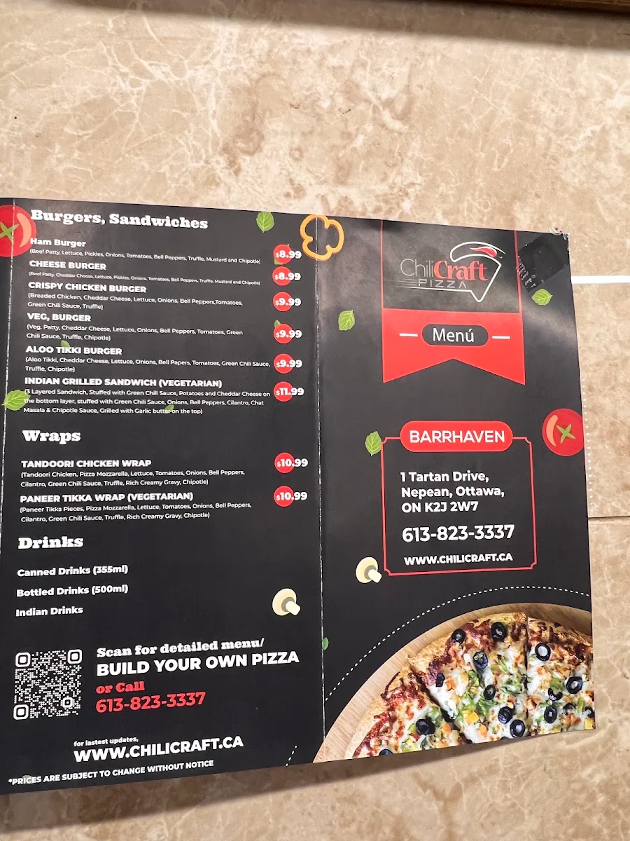 Menu, Chili Craft Pizza