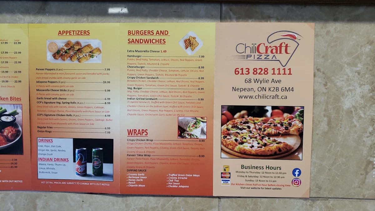 Menu, Chili Craft Pizza