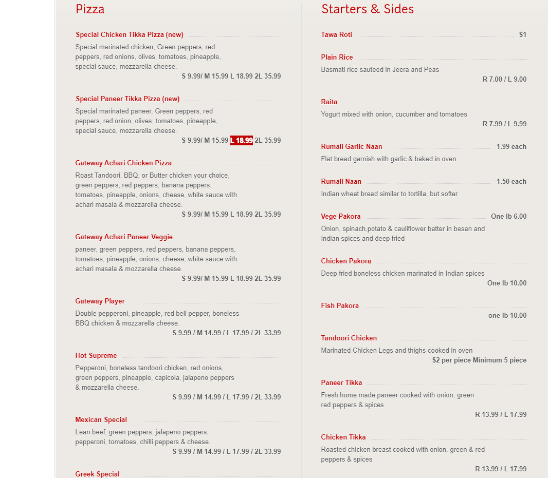 Menu, Chili Craft Pizza