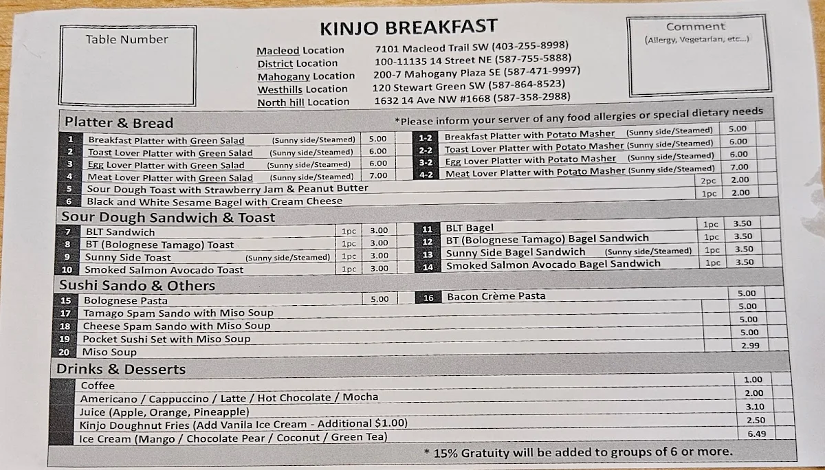 Menu, Kinjo Sushi & Grill District