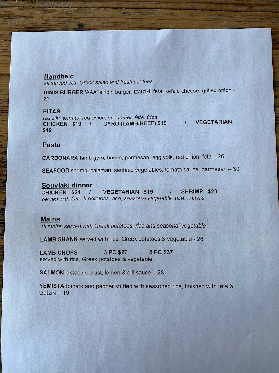 Menu, Dimi's Greek House
