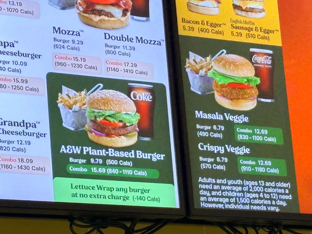 Menu, A&W Canada