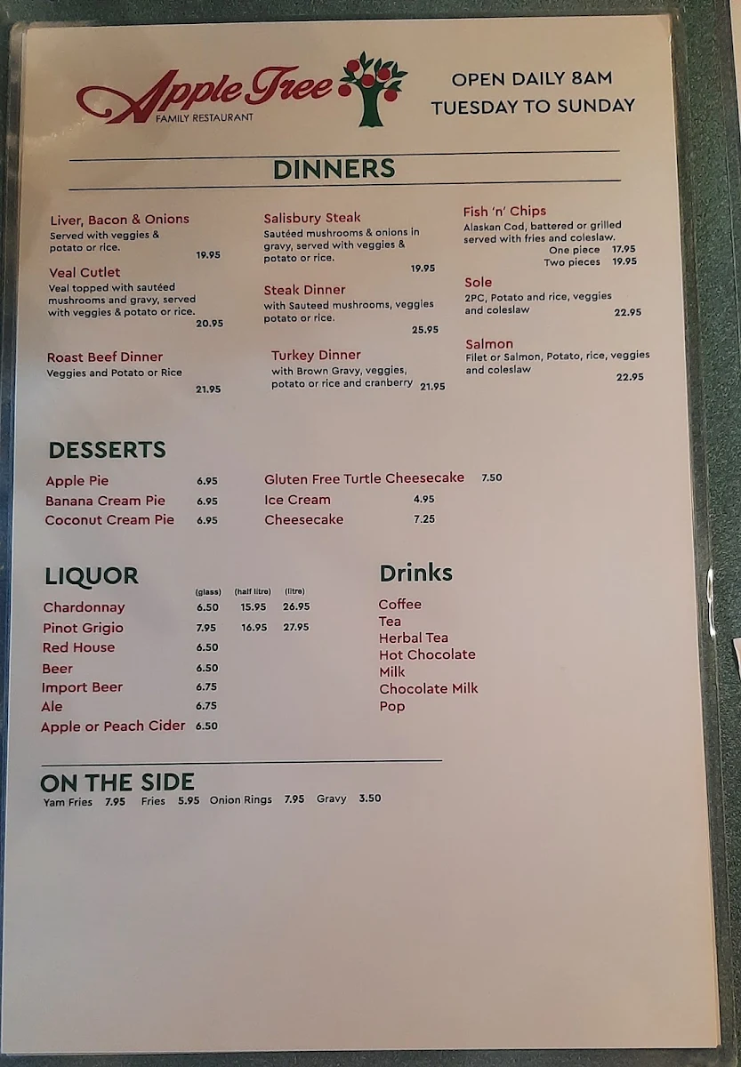 Menu, Apple Tree Restaurant