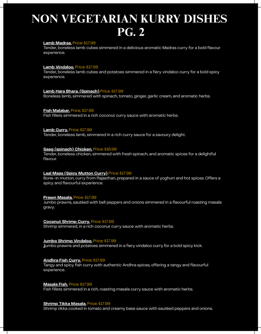 Menu, Kurry Houzz & Grill