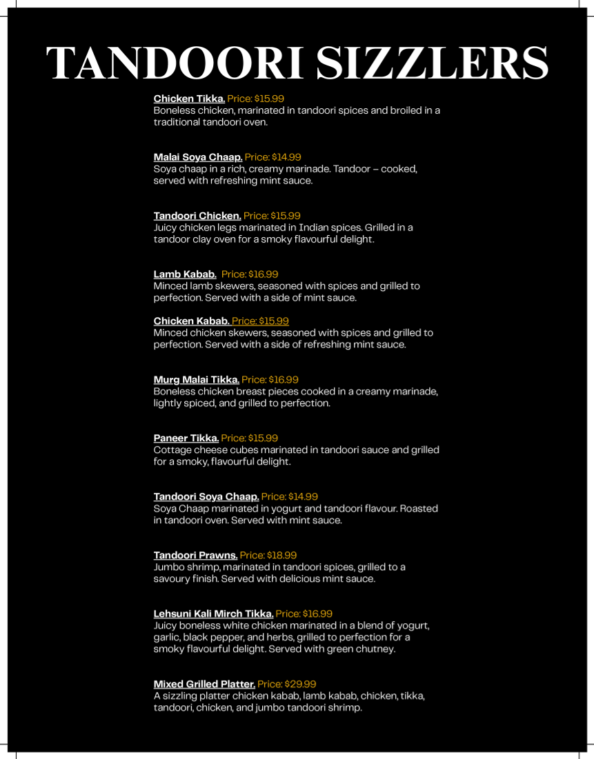 Menu, Kurry Houzz & Grill