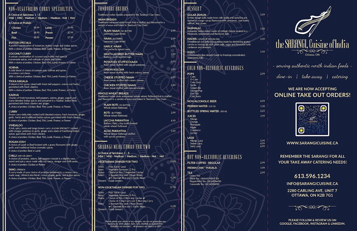 Menu, the SARANGI, Cuisine of India
