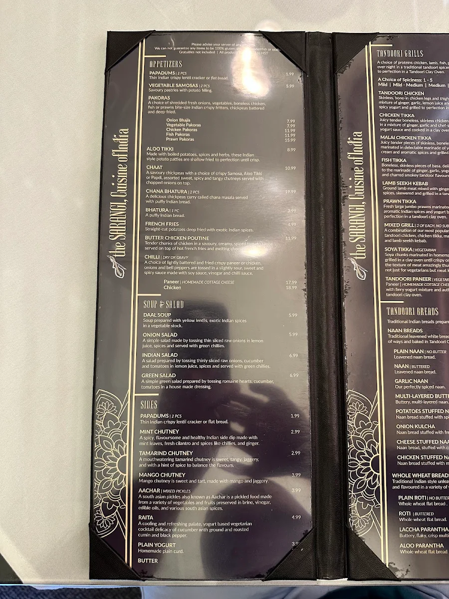 Menu, the SARANGI, Cuisine of India