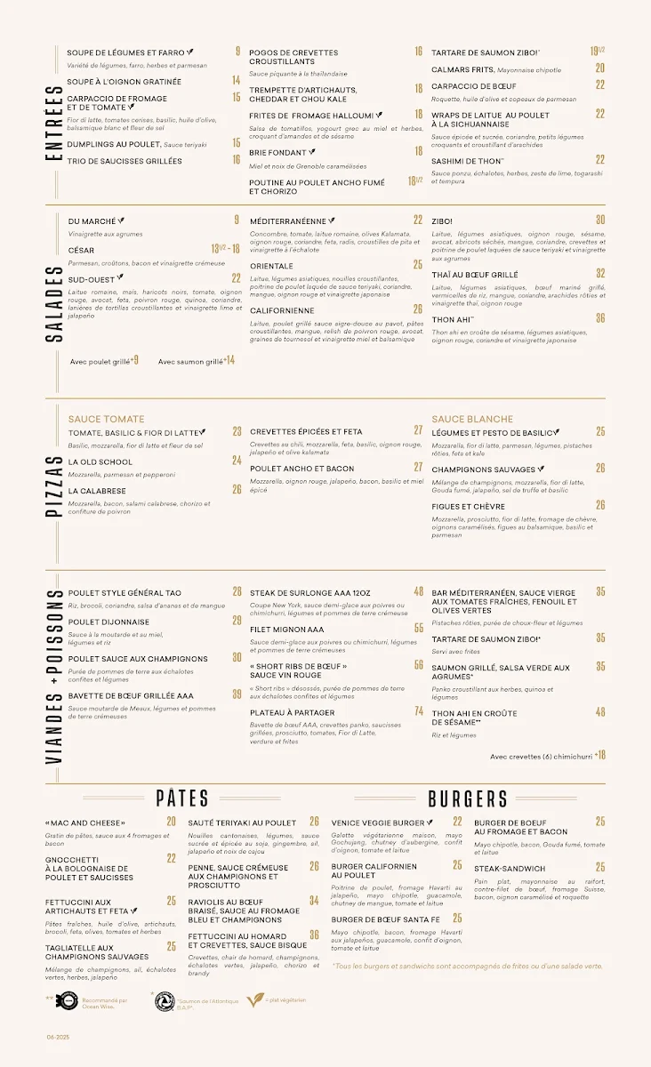 Menu, Restaurant ZIBO! Boisbriand (Faubourg Boisbriand)