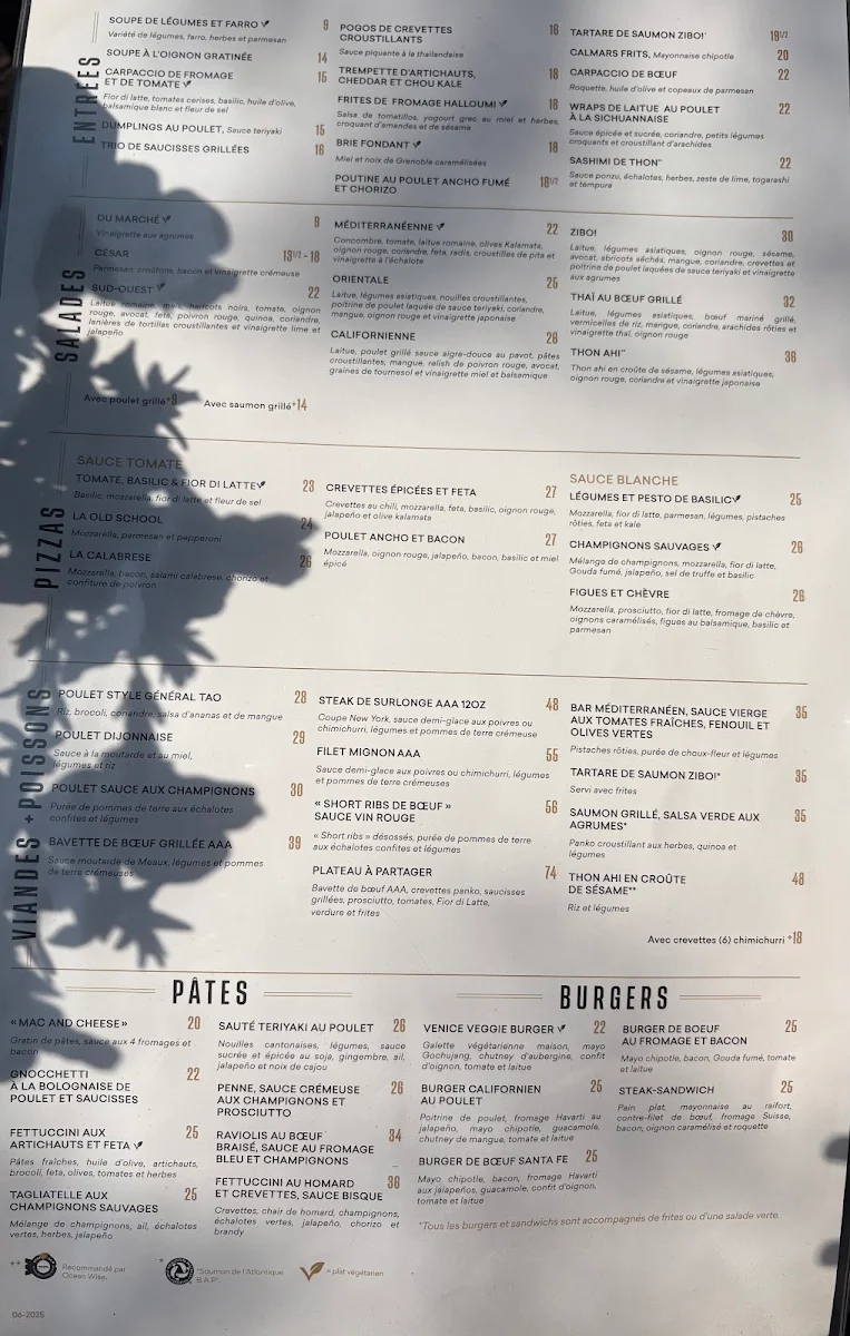 Menu, Restaurant ZIBO! Boisbriand (Faubourg Boisbriand)