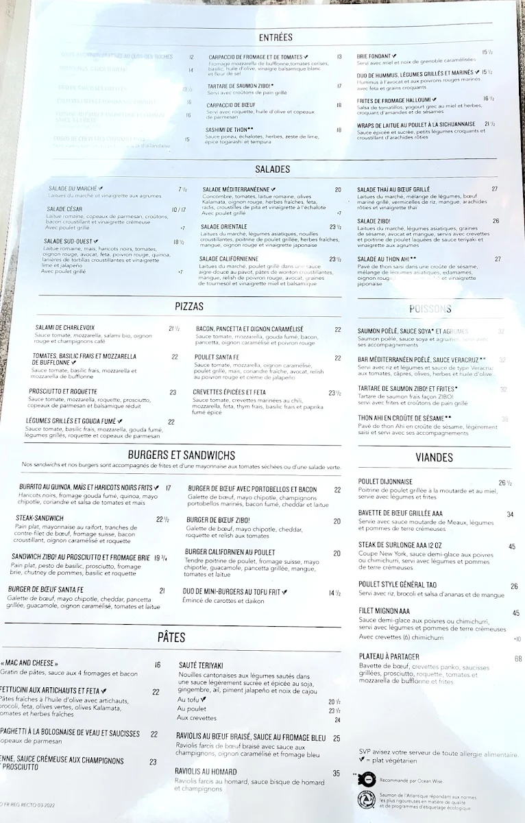 Menu, Restaurant ZIBO! Boisbriand (Faubourg Boisbriand)