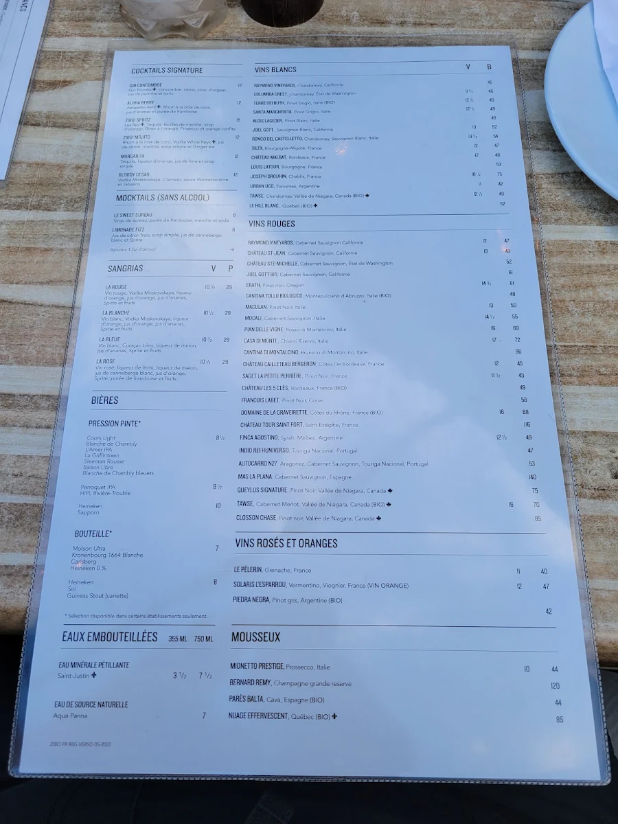 Menu, Restaurant ZIBO! Boisbriand (Faubourg Boisbriand)