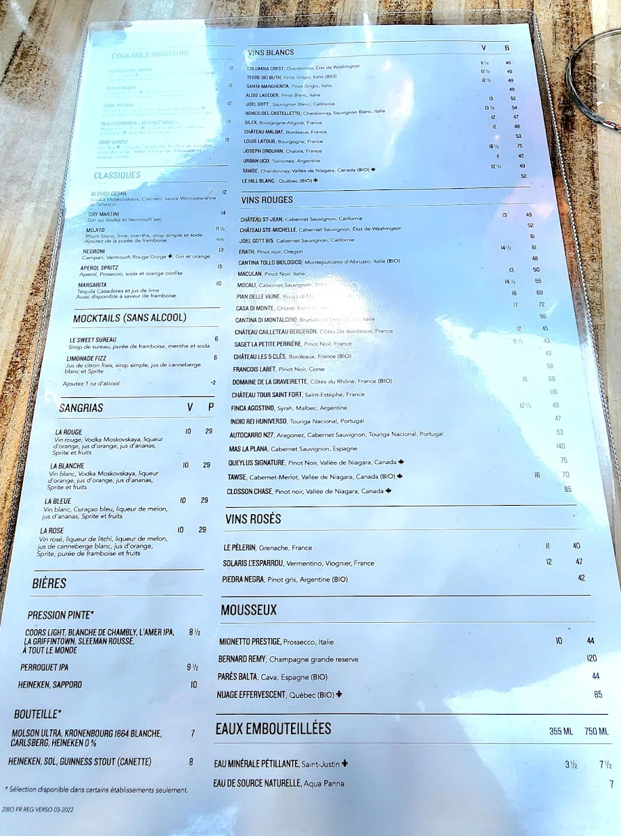 Menu, Restaurant ZIBO! Boisbriand (Faubourg Boisbriand)