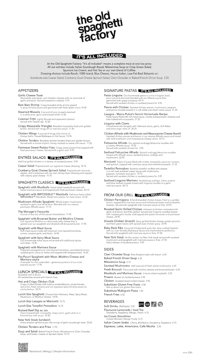 Menu, The Old Spaghetti Factory (Saskatoon)