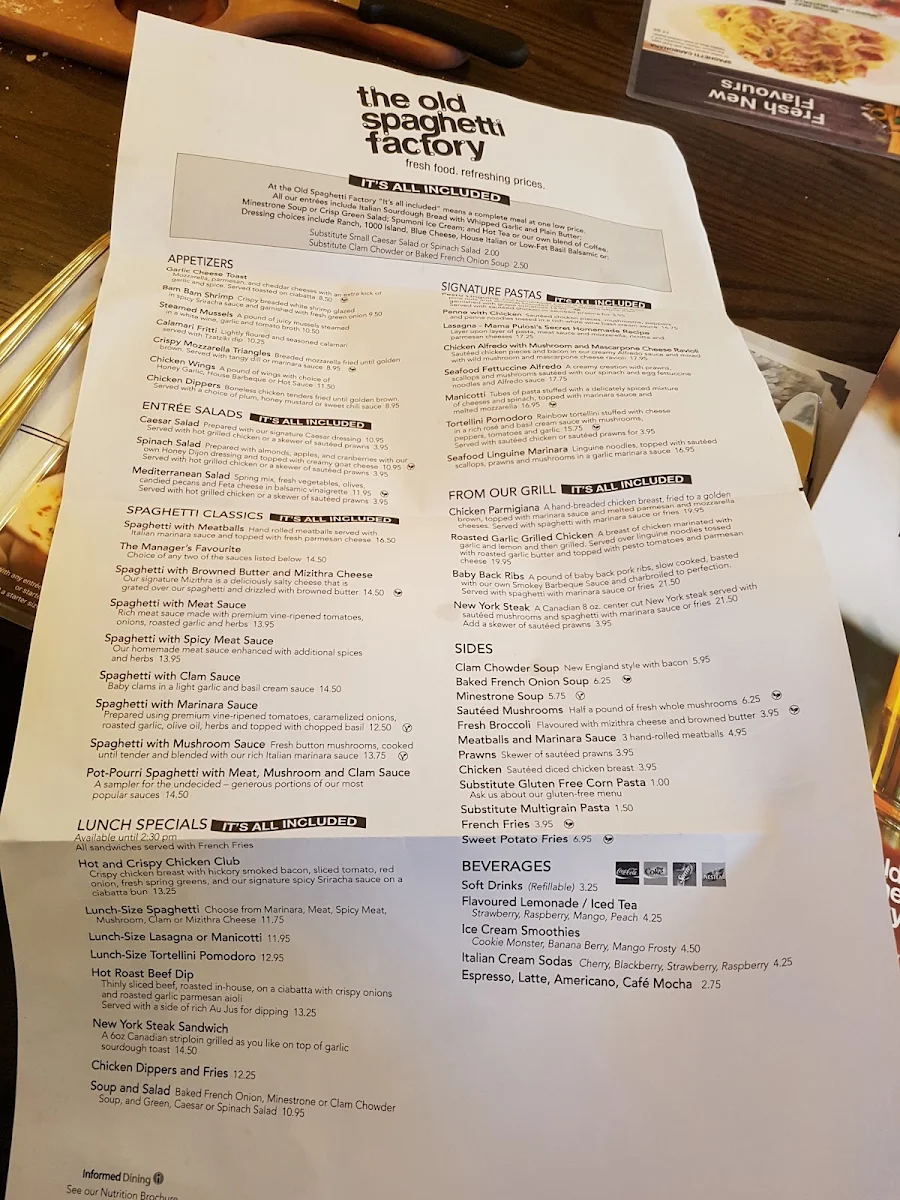 Menu, The Old Spaghetti Factory (Saskatoon)