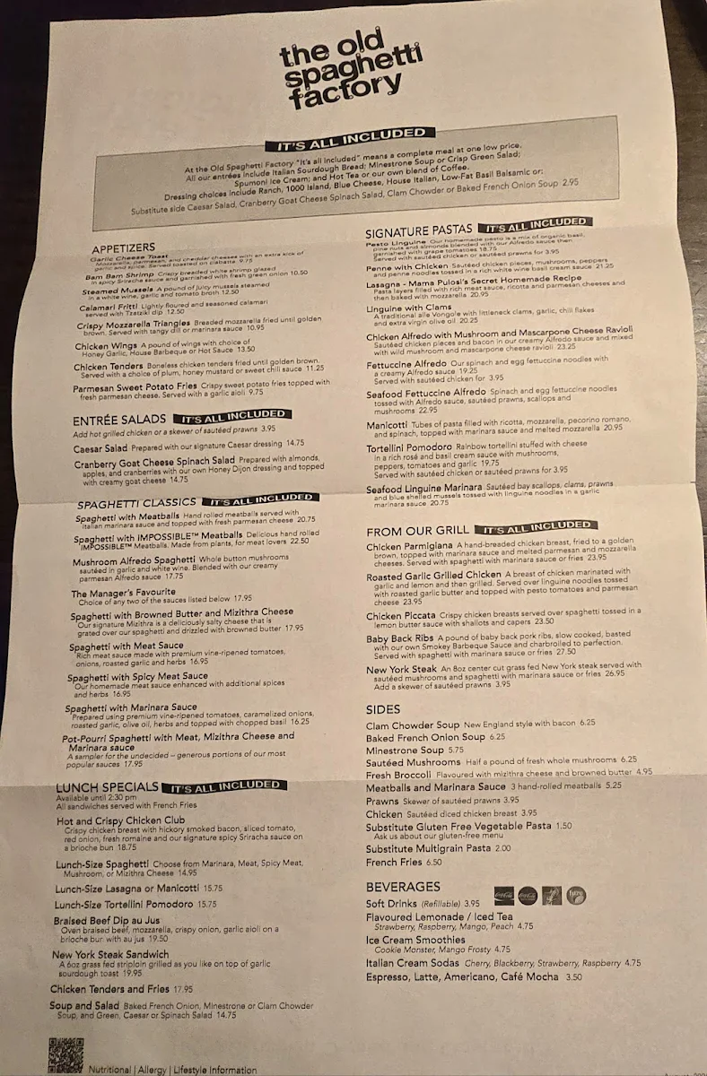 Menu, The Old Spaghetti Factory (Saskatoon)
