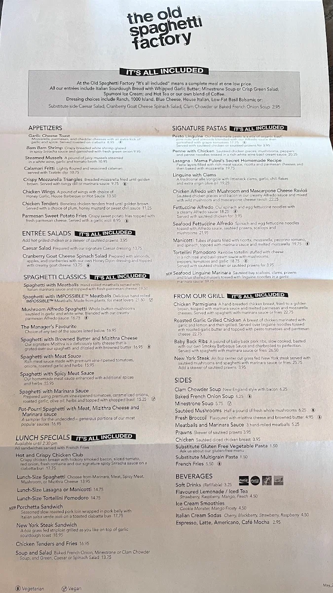Menu, The Old Spaghetti Factory (Saskatoon)