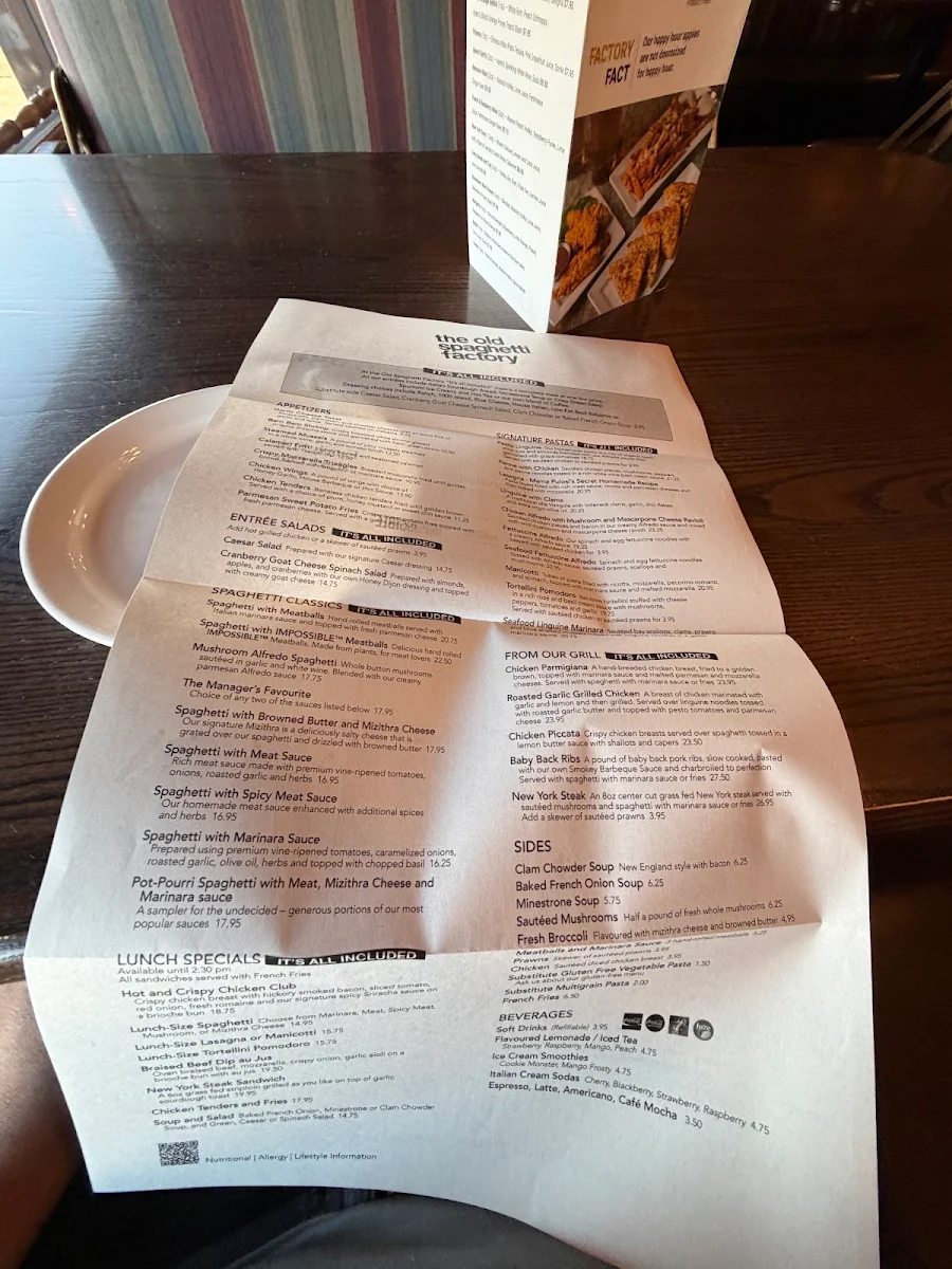 Menu, The Old Spaghetti Factory (Saskatoon)