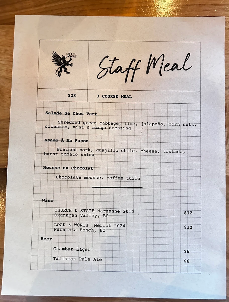 Menu, Chambar Restaurant