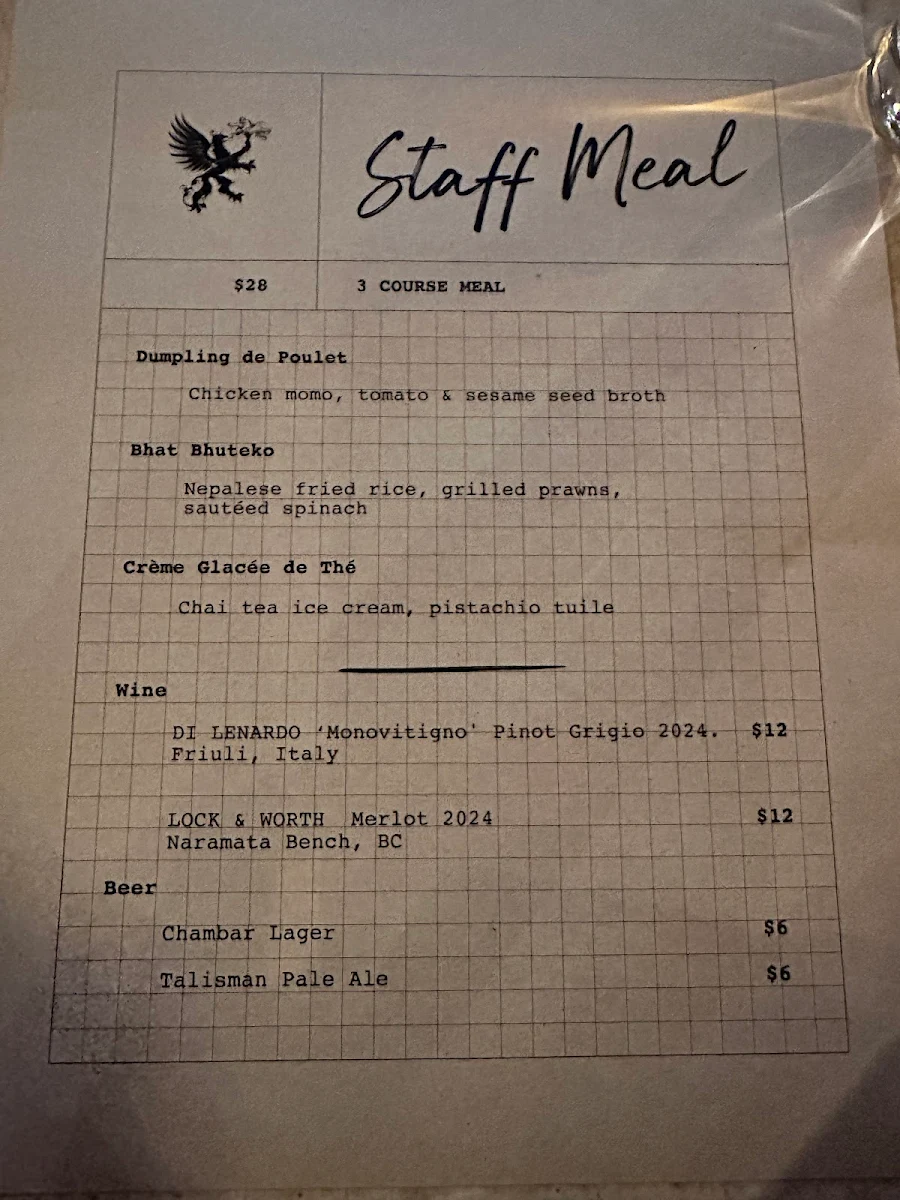 Menu, Chambar Restaurant
