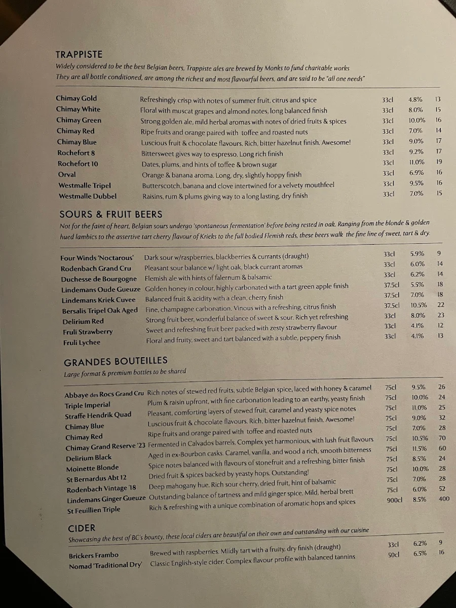 Menu, Chambar Restaurant