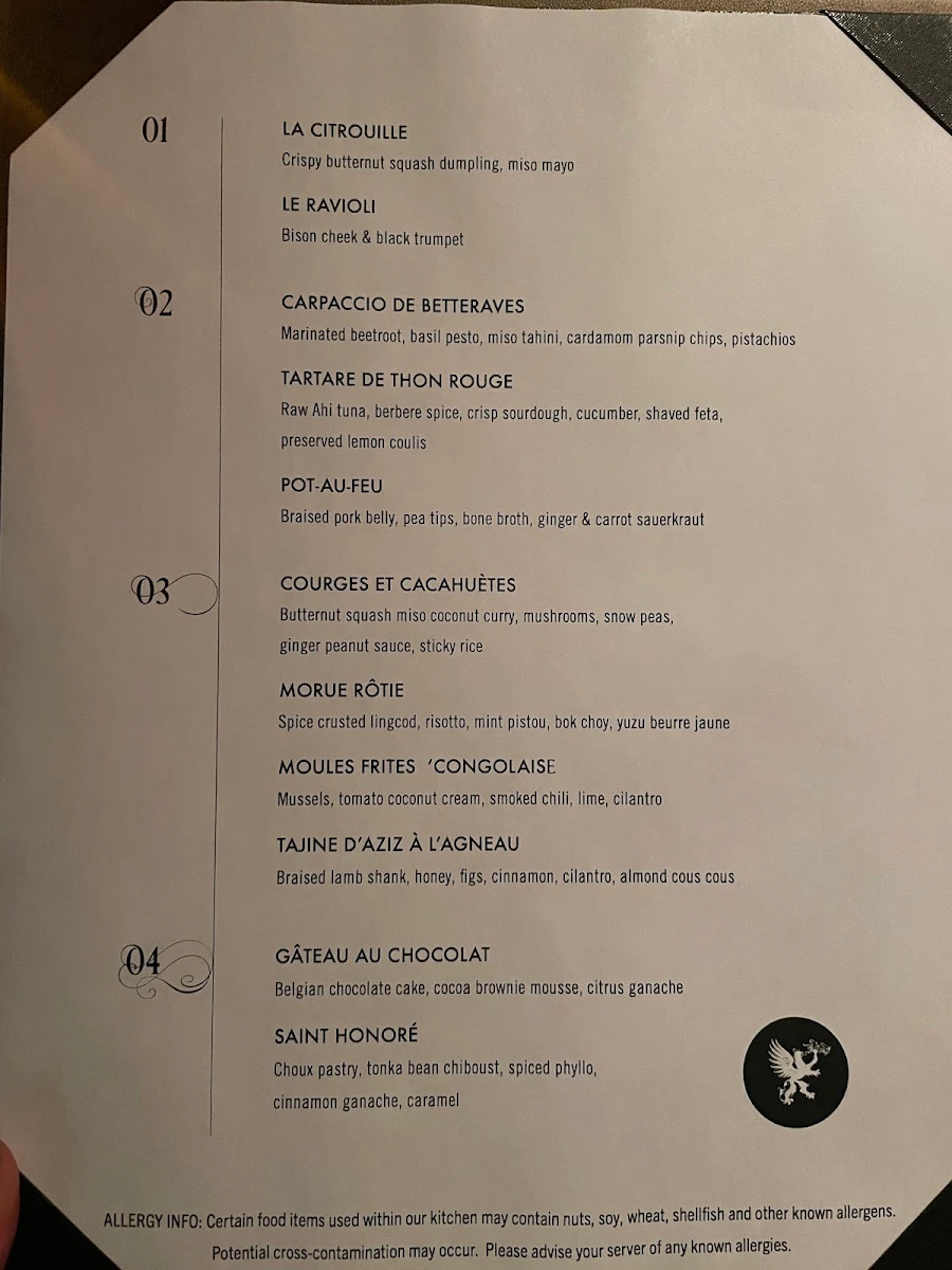 Menu, Chambar Restaurant