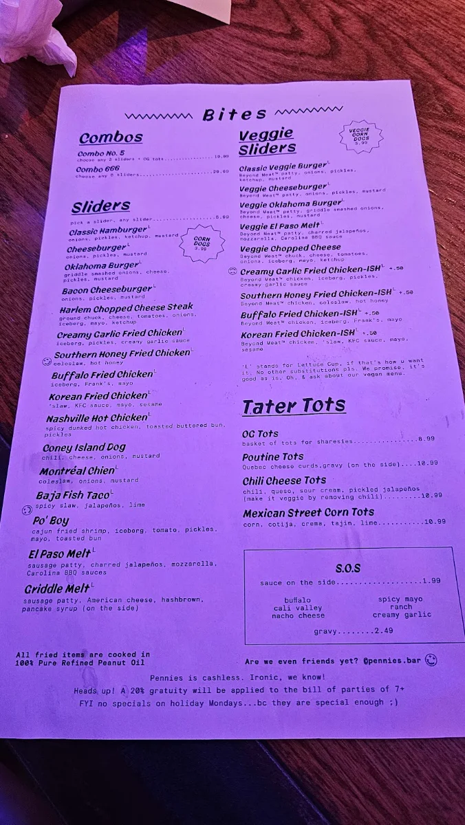 Menu, Pennies Bellwoods