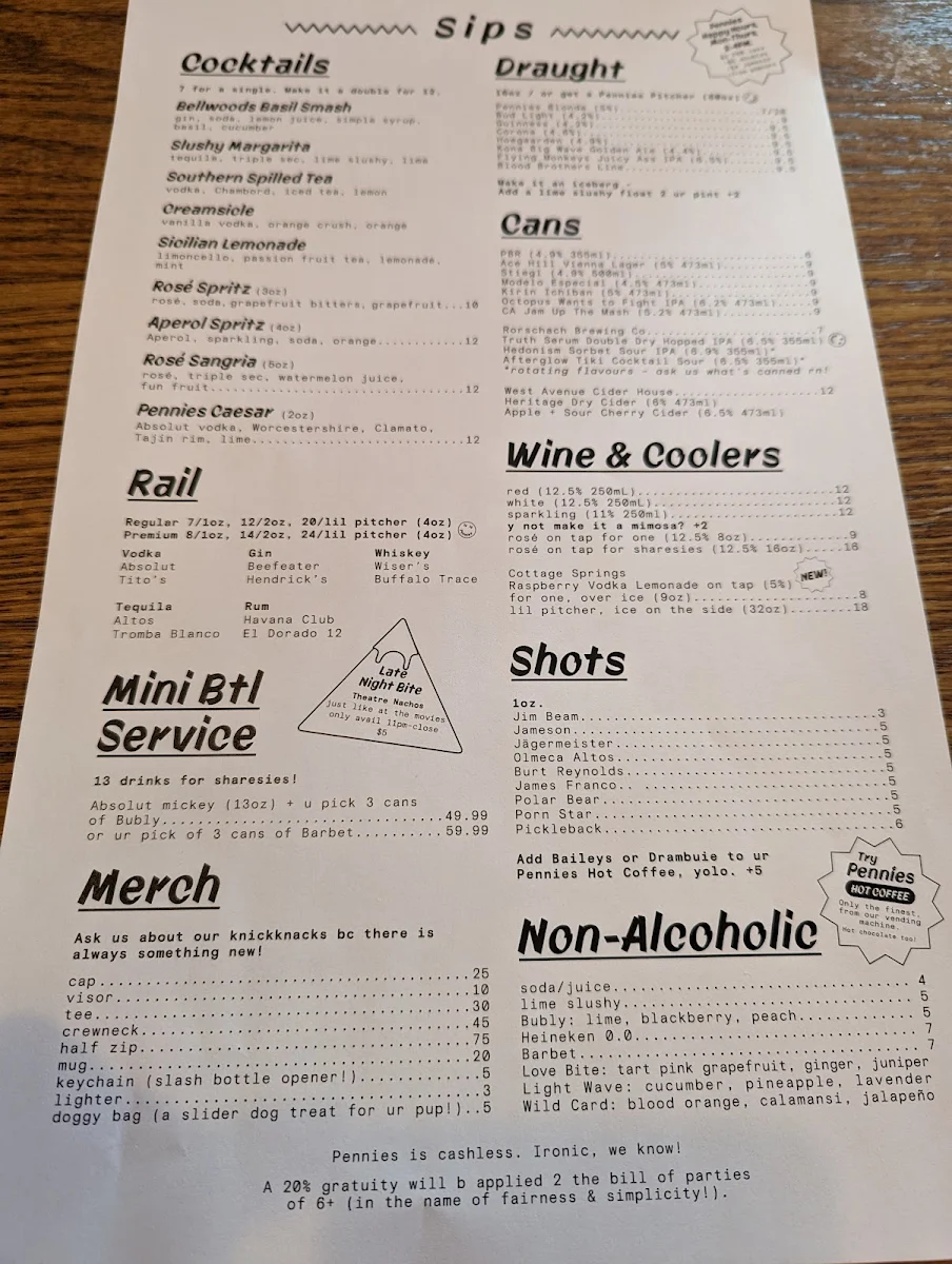 Menu, Pennies Bellwoods
