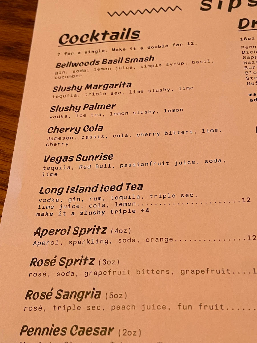 Menu, Pennies Bellwoods