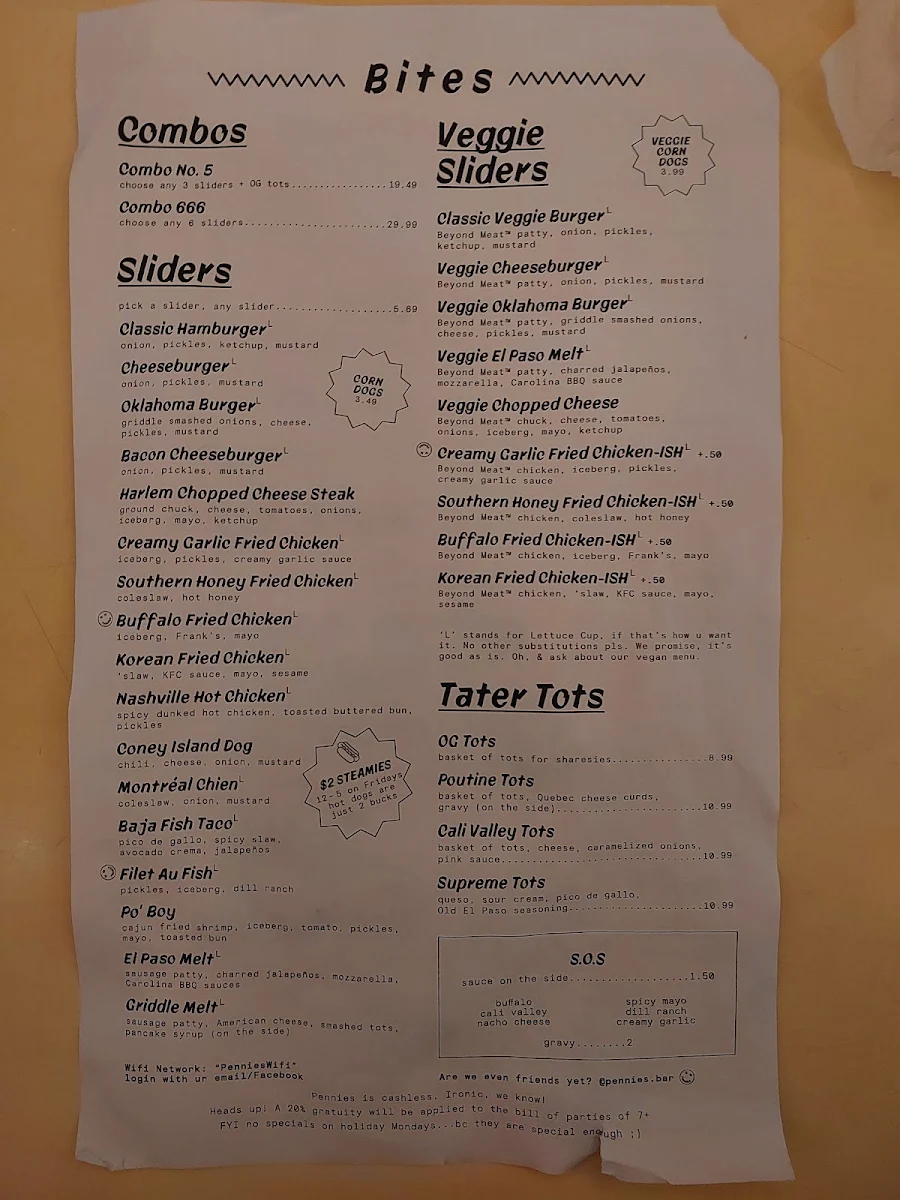 Menu, Pennies Bellwoods