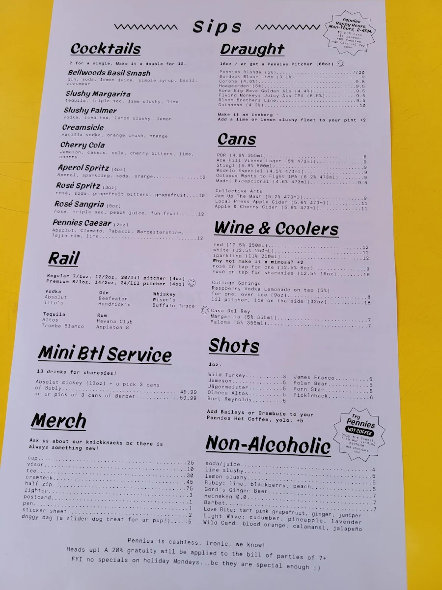 Menu, Pennies Bellwoods