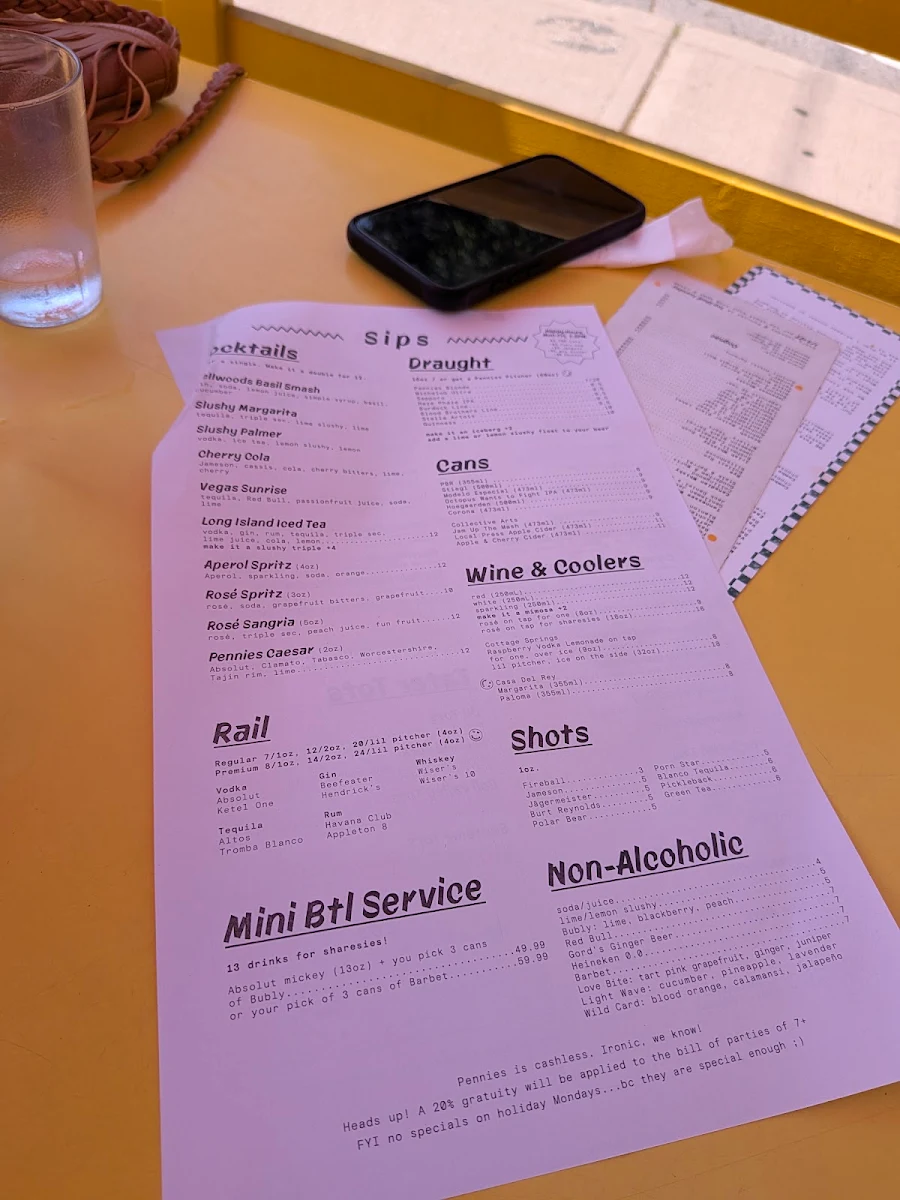 Menu, Pennies Bellwoods