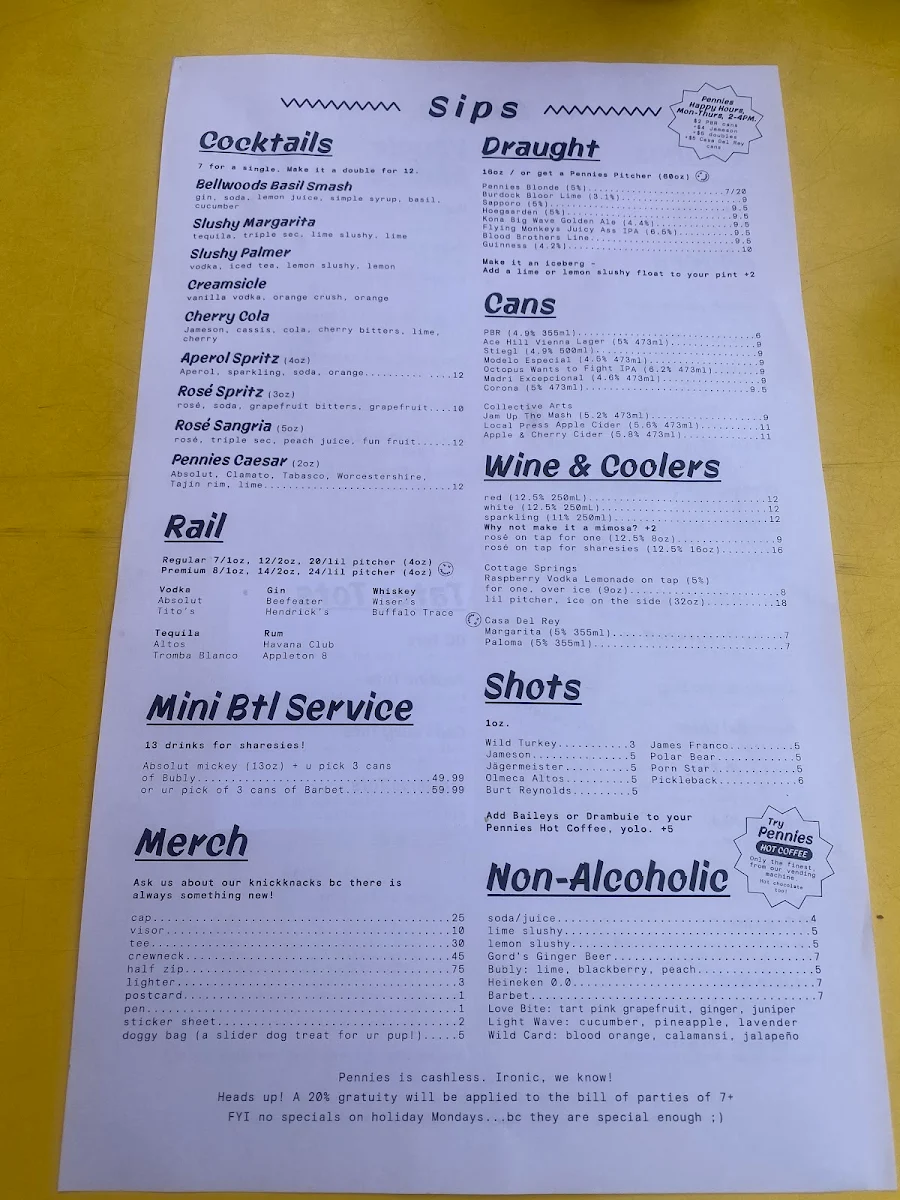 Menu, Pennies Bellwoods